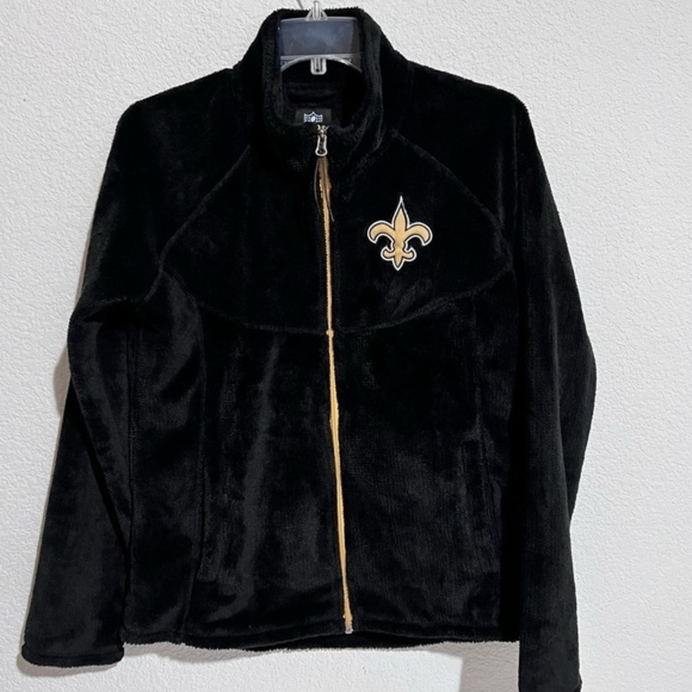 NFL New Orleans Saints Fleur de Lis Black Plush Fleece  Front Zip Jacket  Medium
